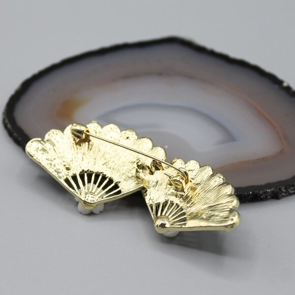 Fan traditional jewelry pin brooch fashion white pearl elegant beautiful gold - Picture 6 of 11